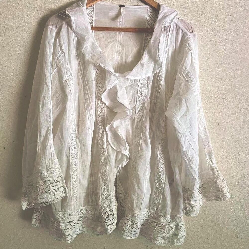Free People White Cotton Lace Ruffle Blouse Romantic Victorian Cottage Boho XL